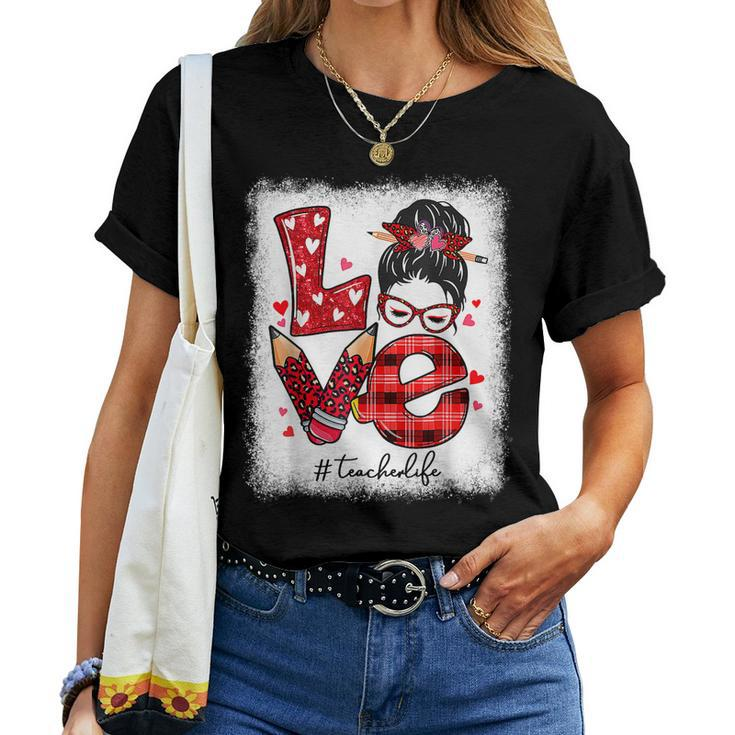 Funny Love Messy Bun Teacher Life Valentines Day Matching V2 Women T-shirt