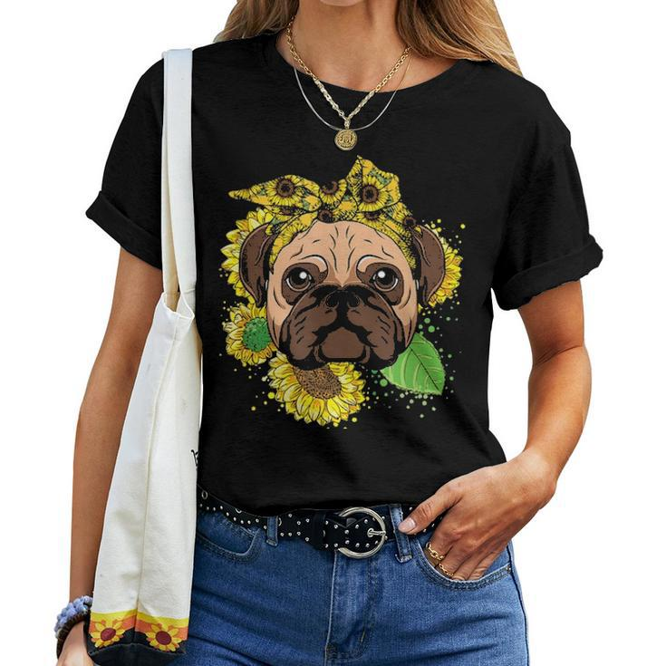 Funny Pug Dog Mom Sunflower Head Bandana Womens Girls Gift Women T-shirt