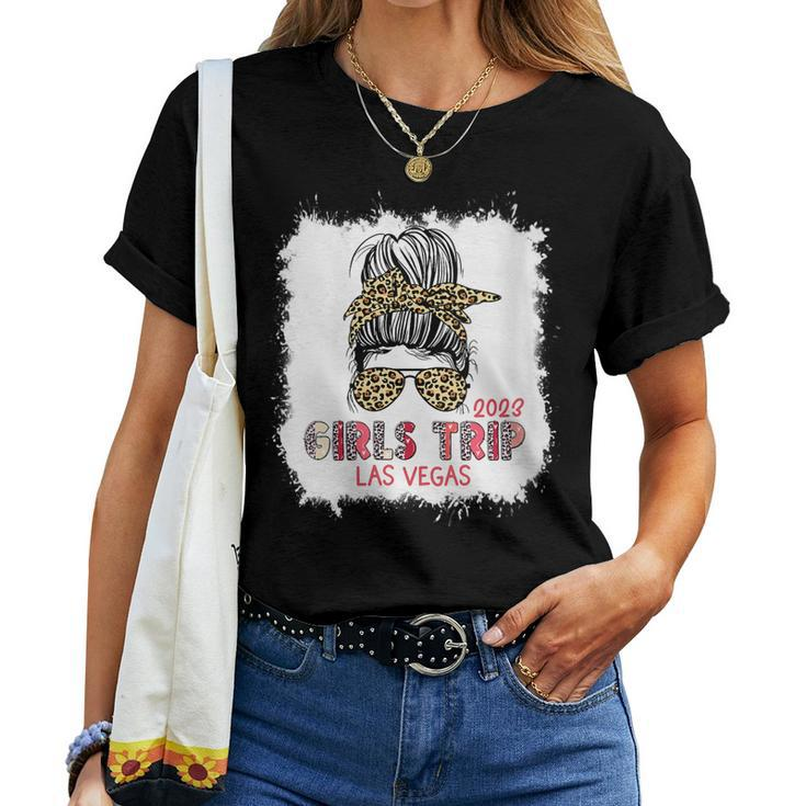 Girls Trip 2023 Messy Bun Leopard Bleached Las Vegas  Gift For Womens Women Crewneck Short T-shirt