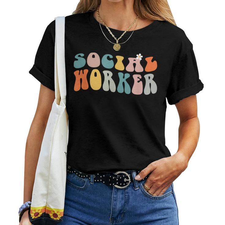 Groovy Retro Social Worker Leopard Rainbow Funny Work Love Women T-shirt