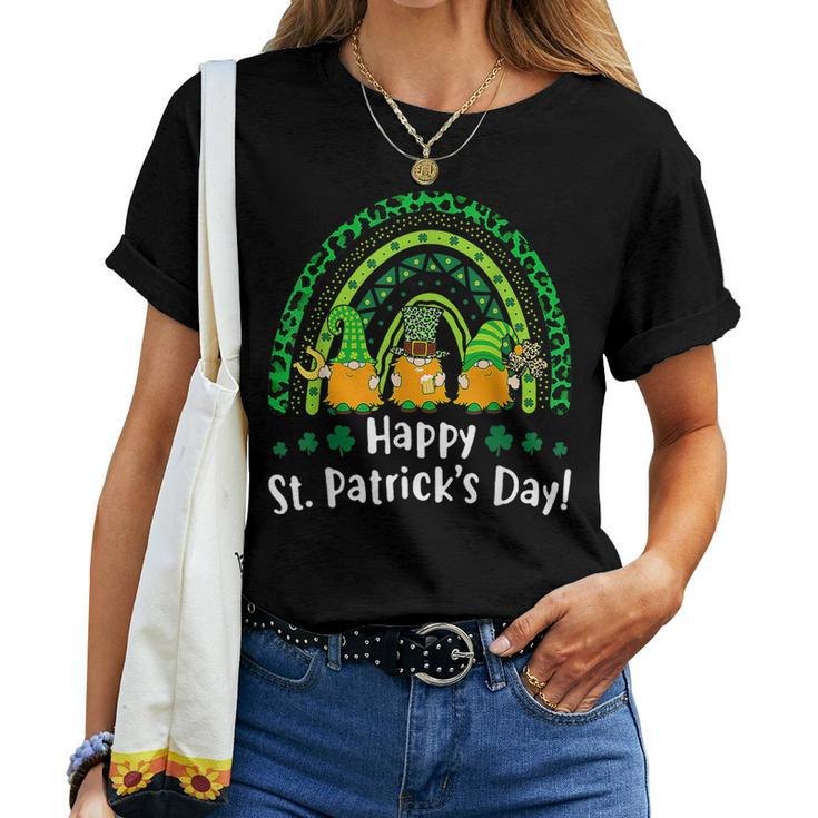 Happy St Patricks Day Rainbow Gnome Lucky Leopard Shamrock Women T-shirt