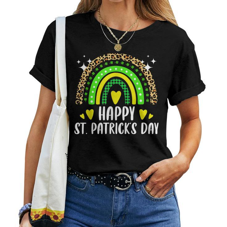 Happy St Patricks Day Rainbow Leopard Print Shamrock Irish Women T-shirt