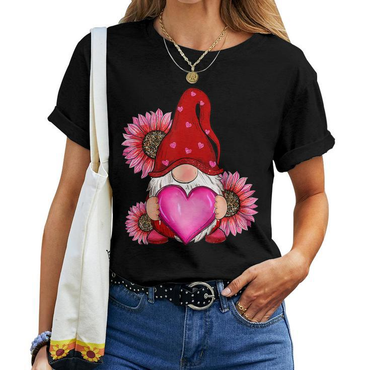 Happy Valentines Day Gnome With Leopard Sunflower Valentine Women T-shirt