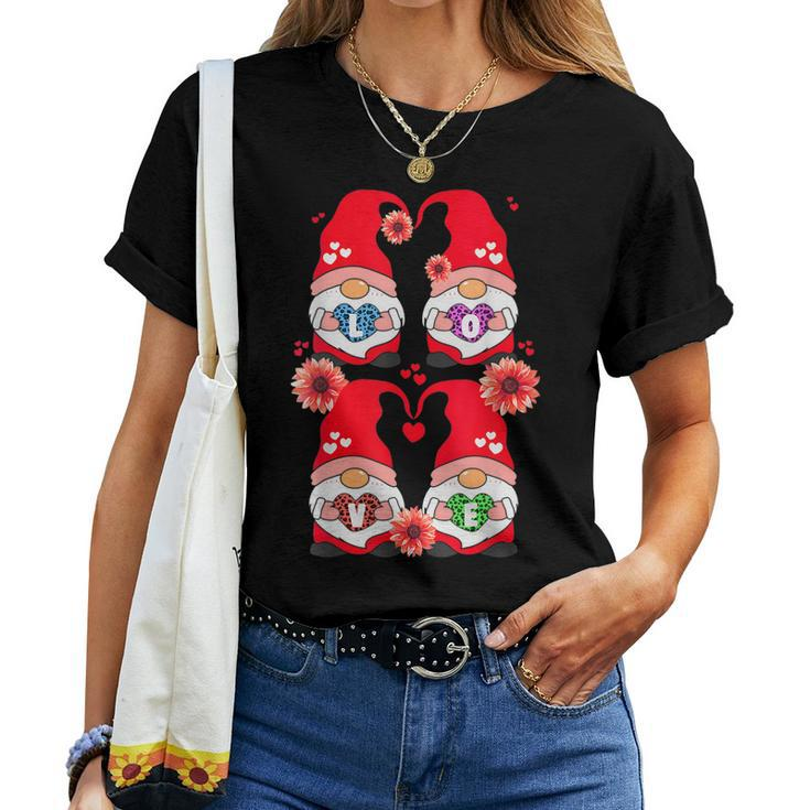Happy Valentines Day Gnome With Leopard Sunflower Valentine Women T-shirt
