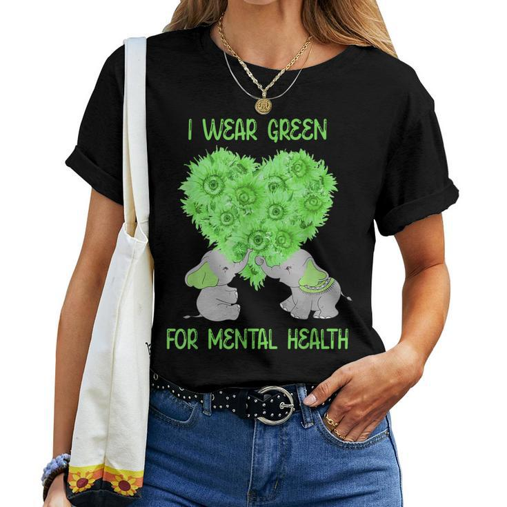 I Wear Green For Mental Health Awareness Elephant Sunflower  Women Crewneck Short T-shirt