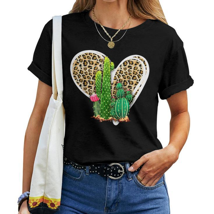 Leopard Heart Cactus Valentines Day For Women Women T-shirt