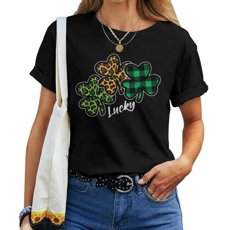 Leopard Shamrocks Lucky St Patricks Day Women Girls Kids Women T-shirt