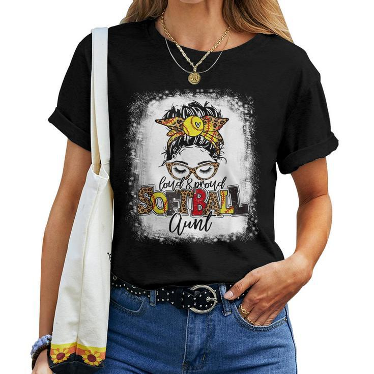 Loud & Proud Softball Aunt Messy Bun Leopard Bleached  Women T-shirt