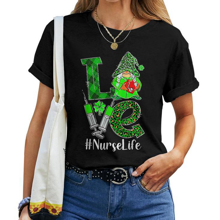 Love Gnome Nurse Life St Patricks Day Leopard Shamrock Women T-shirt
