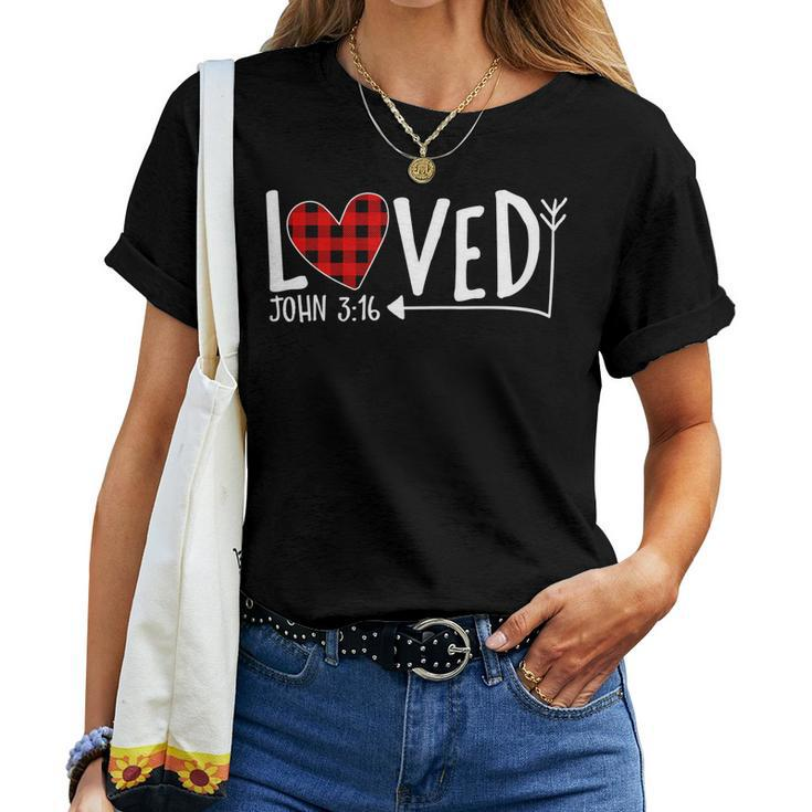 Loved John 316 Red Plaid Heart Christian Valentines Day Women T-shirt