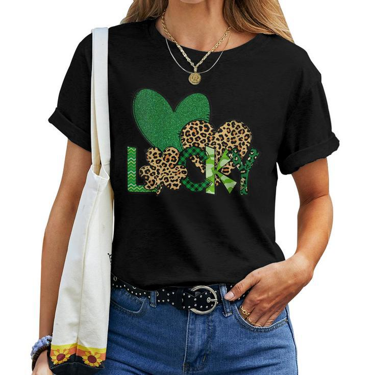 Womens Lucky Green Plaid Shamrock Leopard Heart St Patricks Day Women T-shirt