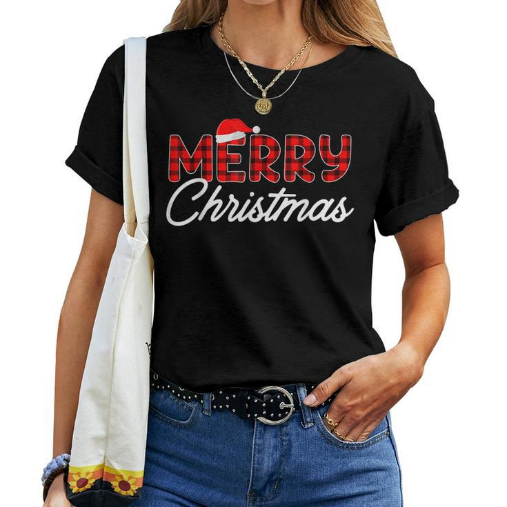 Merry Christmas Buffalo Plaid Red Santa Hat Xmas Pajamas V2 Women T-shirt
