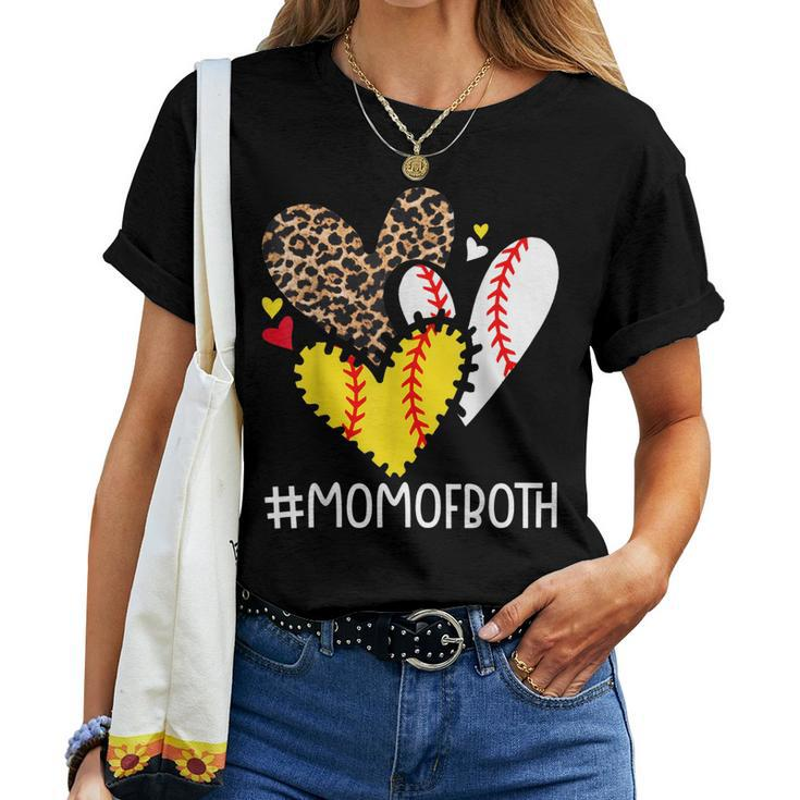 Mom Of Both Leopard Heart Softball Mom Baseball Women T-shirt