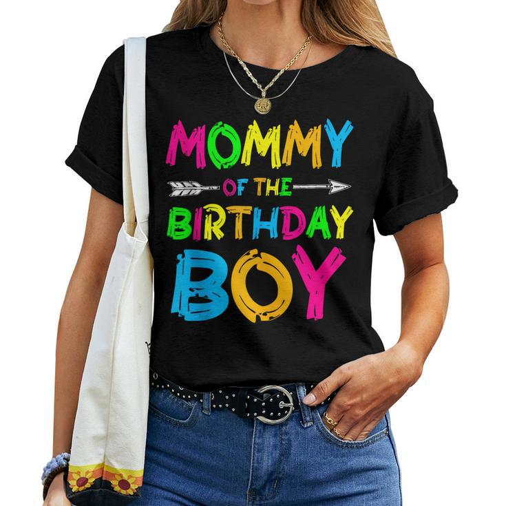 Mommy Of The Birthday Boy Paint Splatter Glow Party Themed Women T-shirt