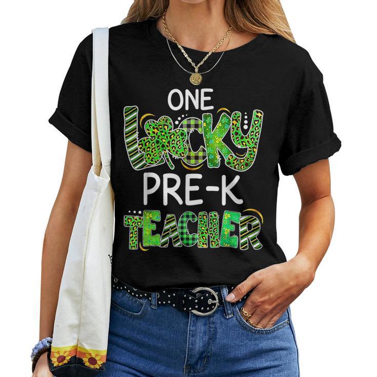 One Lucky Pre K Teacher Shamrock Leopard Plaid Patricks Day Women T-shirt
