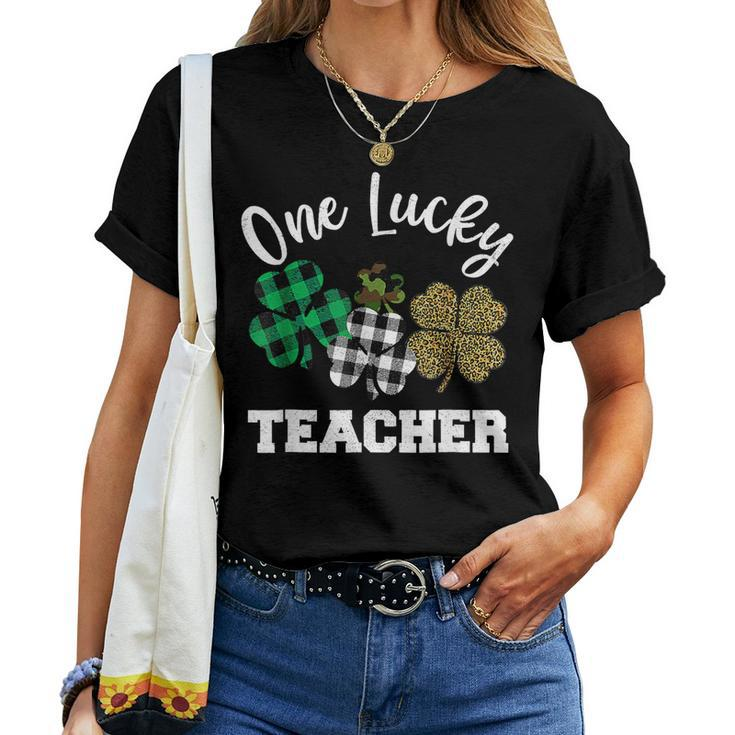 One Lucky Teacher Shamrock Leopard Plaid St Patricks Day Women T-shirt