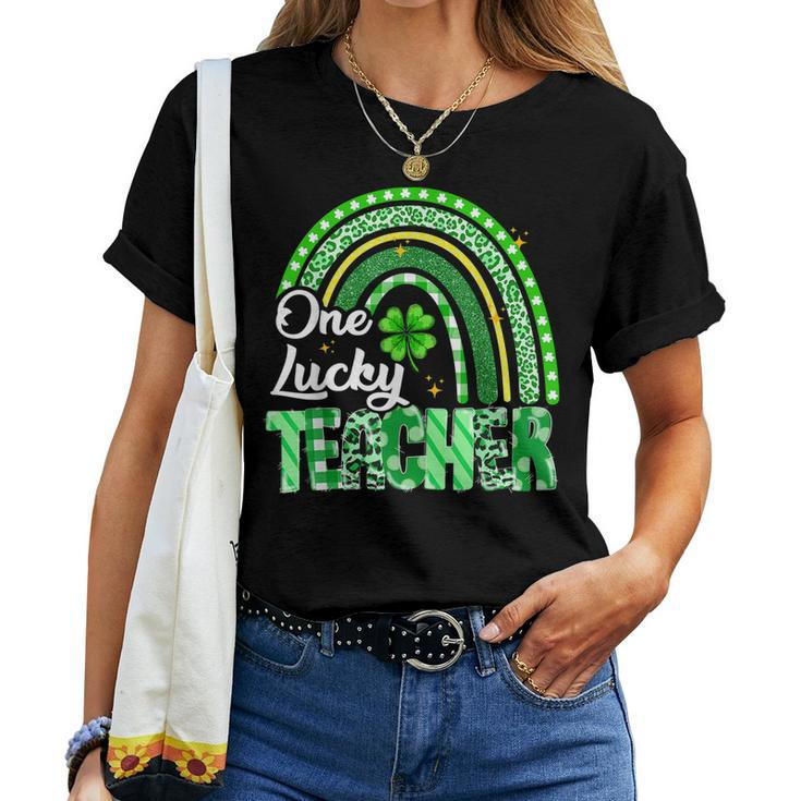 One Lucky Teacher St Patricks Day Rainbow Leopard Shamrock Women T-shirt