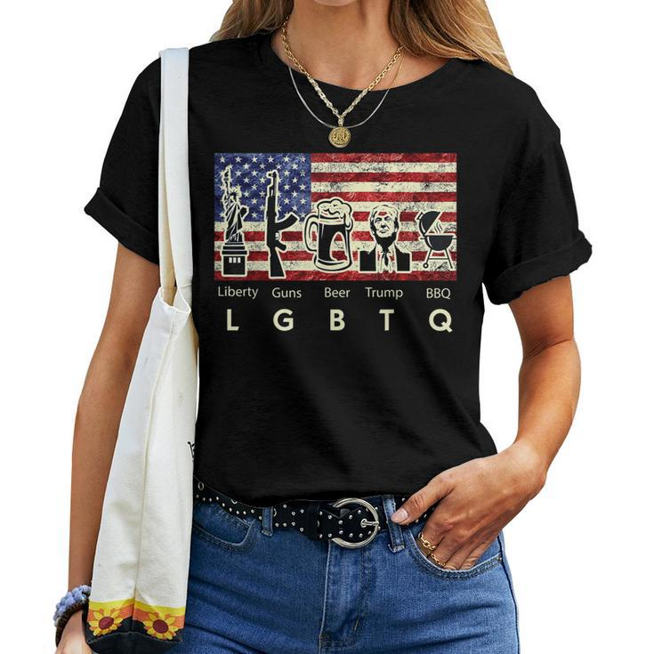 Parody Trump Lgbtq Liberty Guns Beer Bbq American Usa Flag Women T-shirt