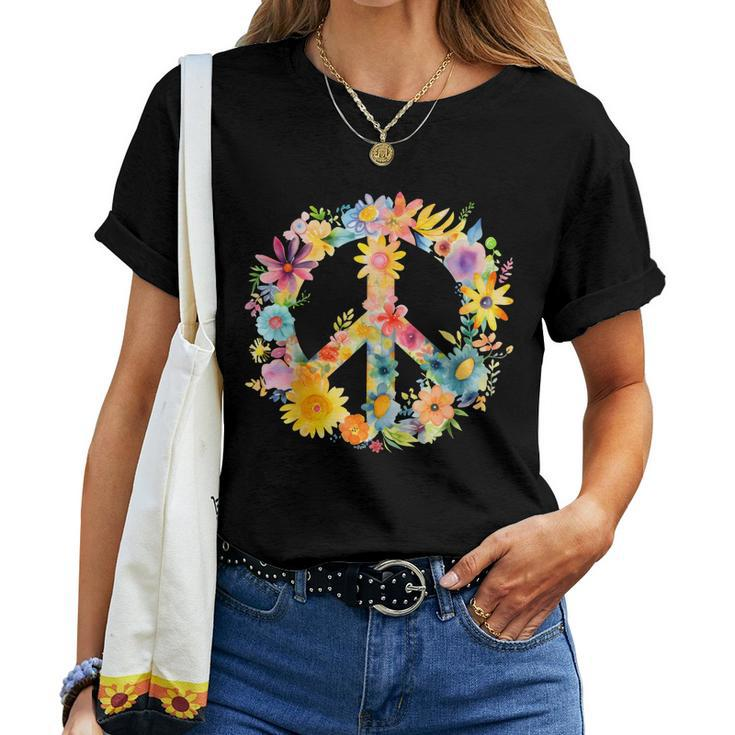 Peace Sign World Love Flowers Hippie Groovy Vibes Colorful Women T-shirt