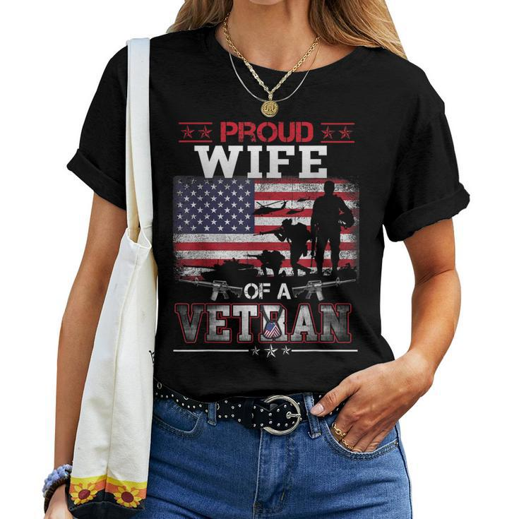 Proud Wife Of A Veteran Vintage Flag Military Veterans Day Women T-shirt