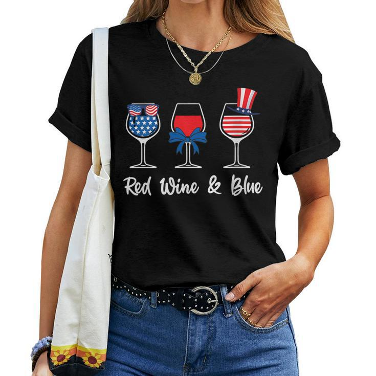Womens Red White Blue Glasses Of Wine 4Th Of July Usa Flag Womens Women T-shirt
