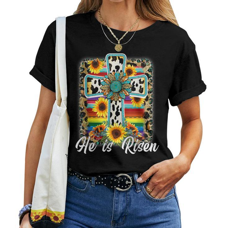 He Is Risen Sunflower Leopard Cross Happy Easter Day 2023 Women T-shirt Casual Daily Basic Unisex Tee