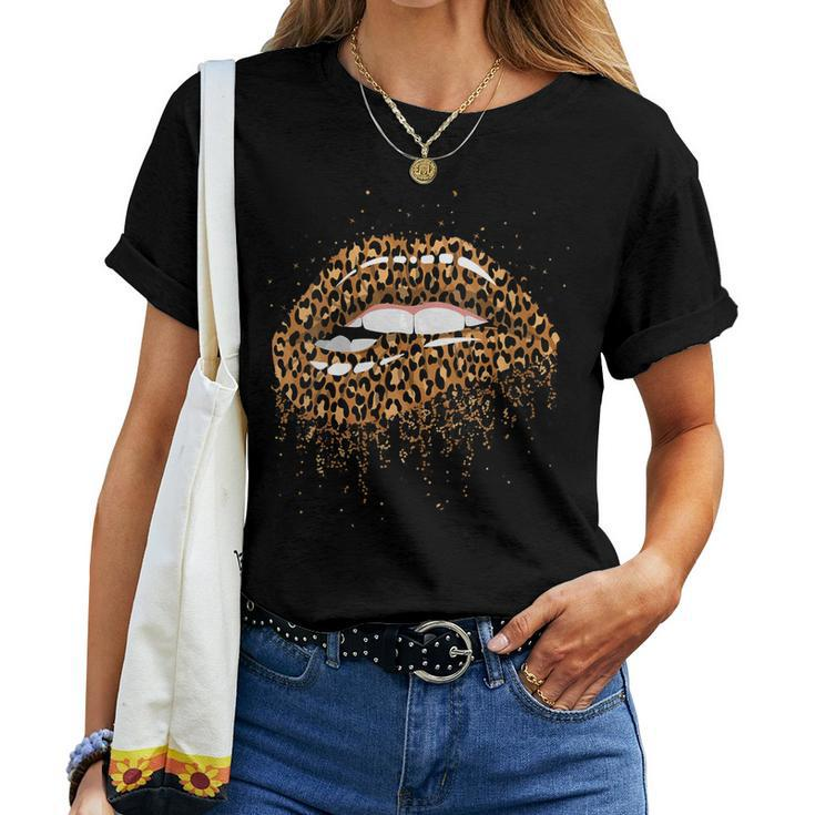 Womens Womens Cool Lips Bite Kiss Me Leopard Print Women T-shirt