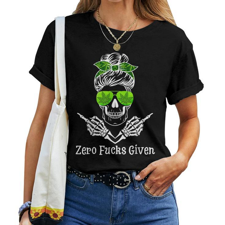 Skull Messy Bun Mom Weed Leaf 420 Marijuana Women T-shirt