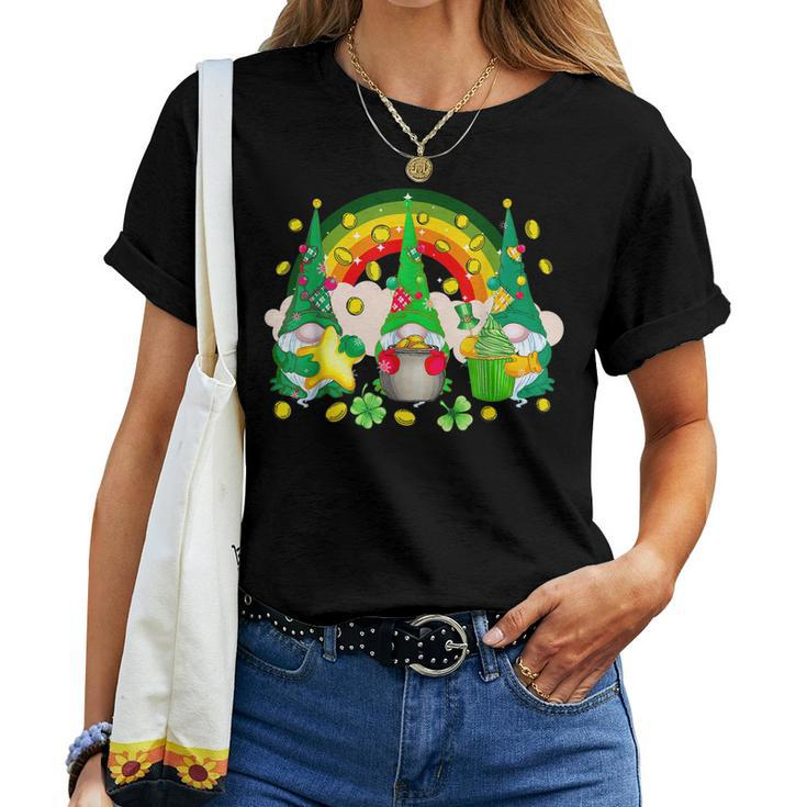 St Patricks Day Three Gnomes Holding Shamrock Gnome Rainbow Women T-shirt