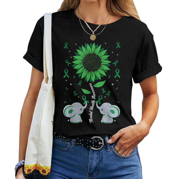 Mental Health Awareness Sunflower Elephant Green Ribbon Women T-shirt