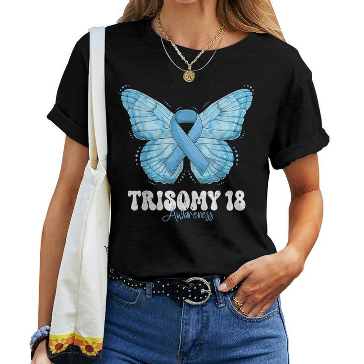 Trisomy 18 Awareness Month Light Blue Ribbon Butterfly Women T-shirt