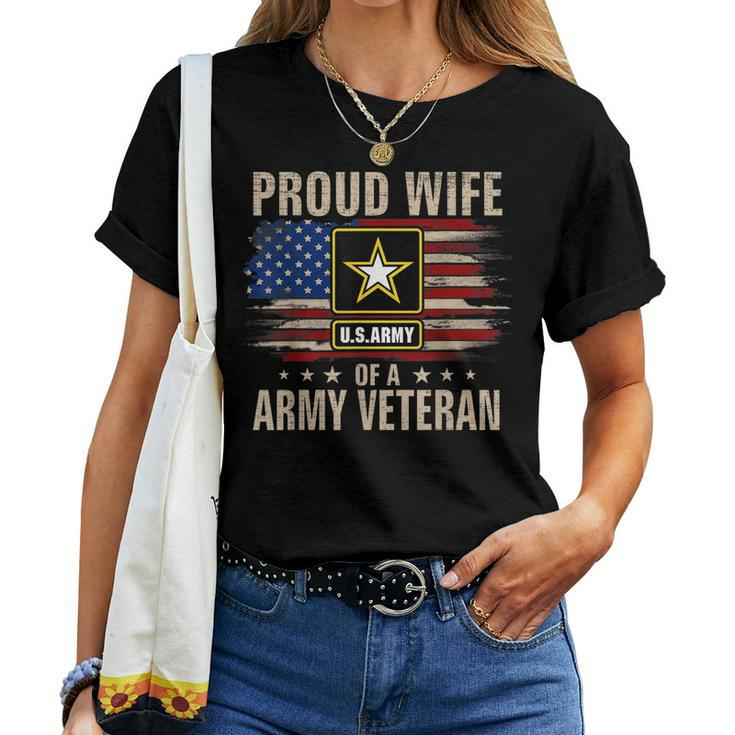 Vintage Proud Wife Of A Army Veteran With American Flag Women T-shirt