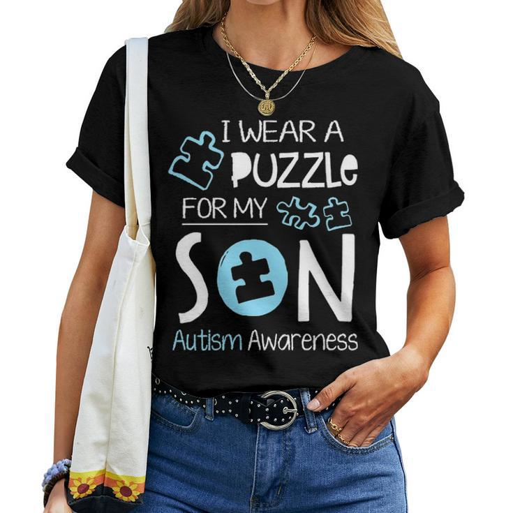 I Wear A Blue Puzzle For My Son Autism Aware Month Mom Dad Women T-shirt