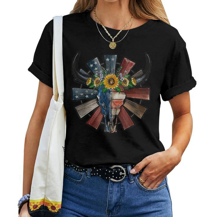 Western Boho Texas American Flag Sunflower Cow Bull Skull Women T-shirt