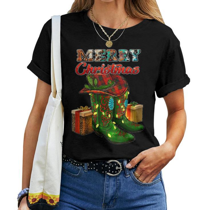 Western Texas Cow Print Cowboy Boots Hat Merry Christmas Women T-shirt