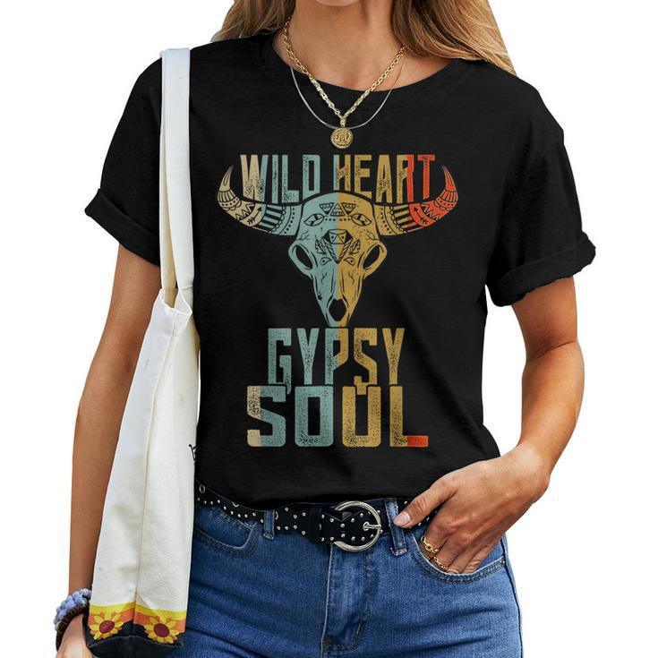 Wild Heart Gypsy Boho Soul Vintage Boho Cow Bull Skull Women T-shirt
