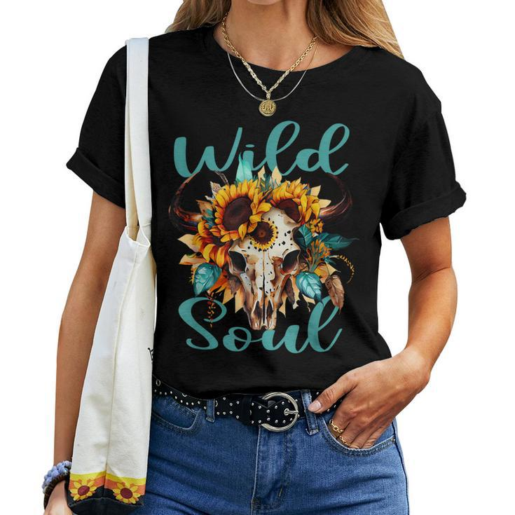 Wild Soul Women Vintage Western Sunflower Boho Cow Skull Women T-shirt