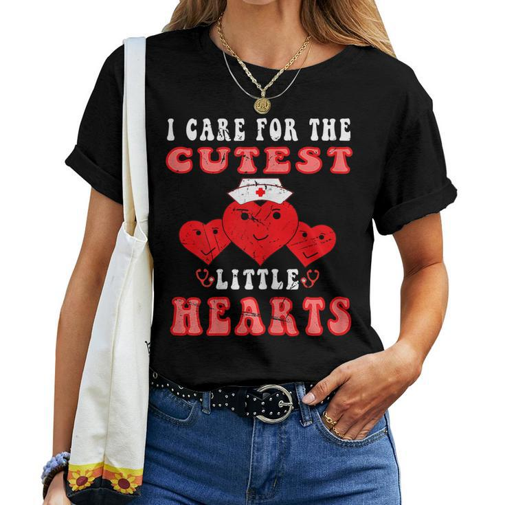 Womens I Care For The Cutest Little Hearts Groovy Nurse Valentines Women T-shirt
