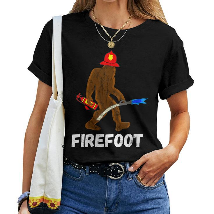 Womens Fire Fighter Bigfoot Fireman Funny Sasquatch Firefighter Women T-shirt