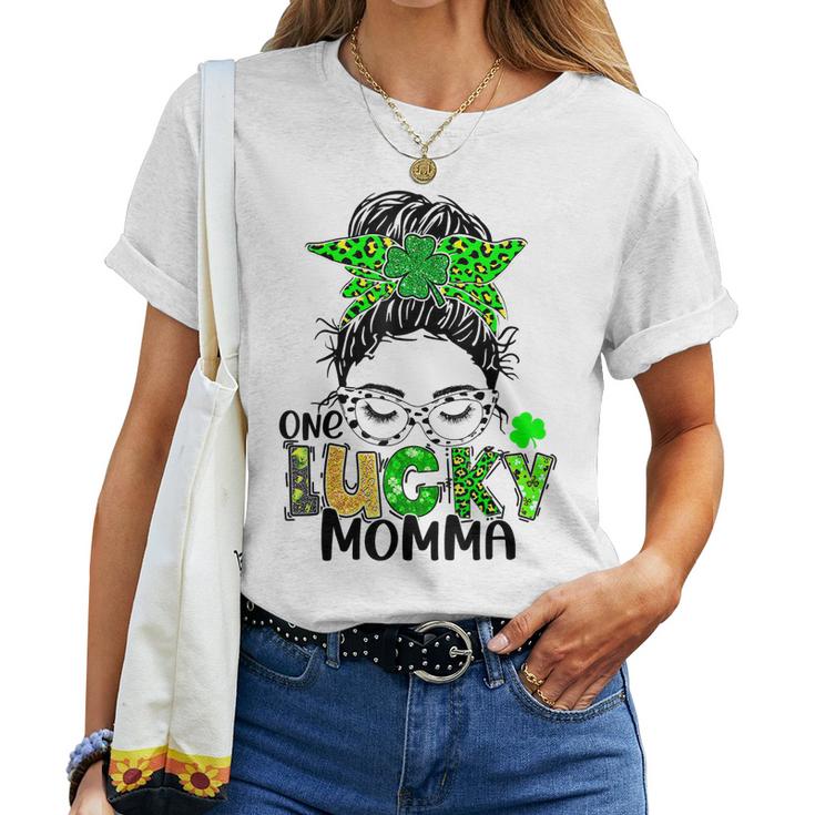 One Lucky Momma Messy Bun Mom Shamrock St Patricks Day  Women T-shirt Casual Daily Crewneck Short Sleeve Graphic Basic Unisex Tee