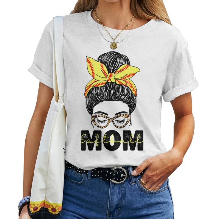 Softball Mom Messy Bun Women Leopard Pattern Softball Women T-shirt