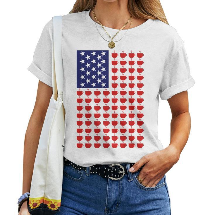 American Morning Patriotic American Flag Coffee Cup Pattern Women T-shirt