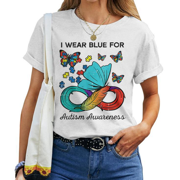 Womens Butterfly Ribbon I Wear Blue For Autism Awareness Puzzle Women T-shirt