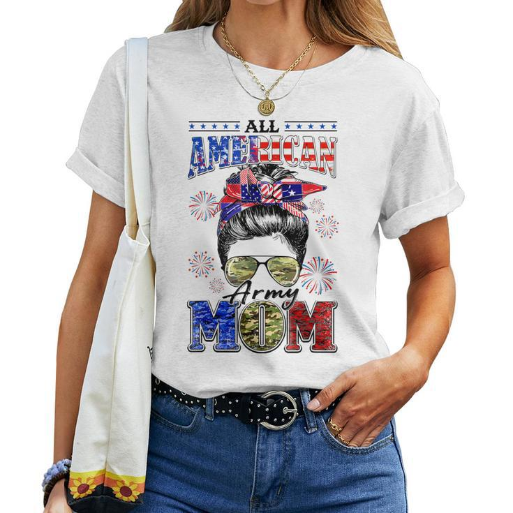 Camo All American Army Mom Messy Bun Happy 4Th Of July Women T-shirt