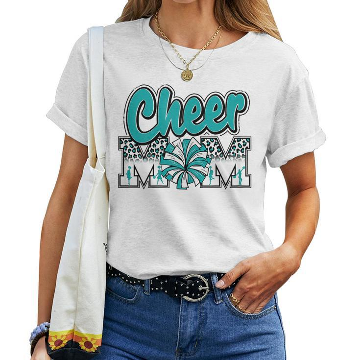 Womens Cheer Mom Teal Leopard Letters Cheer Pom Poms Women T-shirt