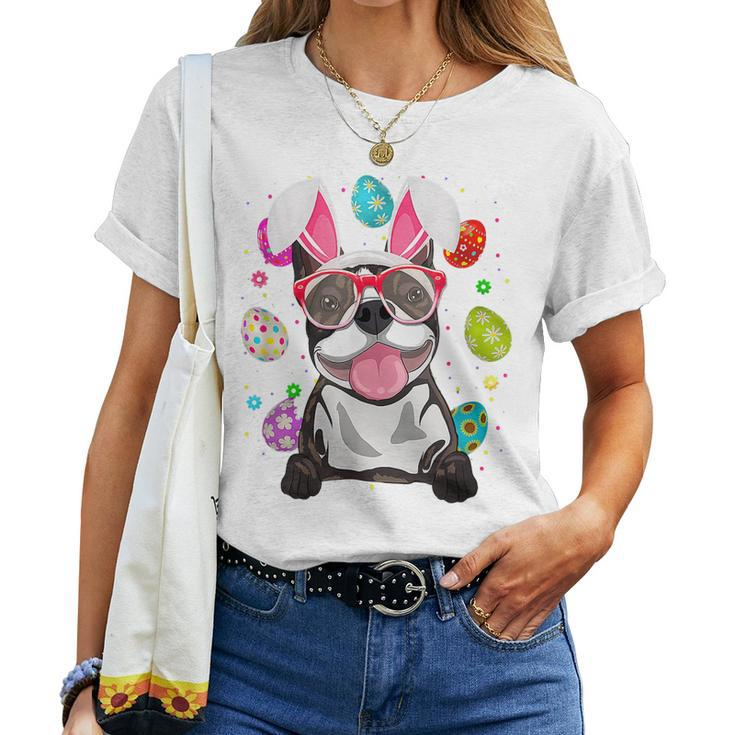 Womens Cute Bunny Boston Terrier Dog Face Easter Eggs Easter Women T-shirt