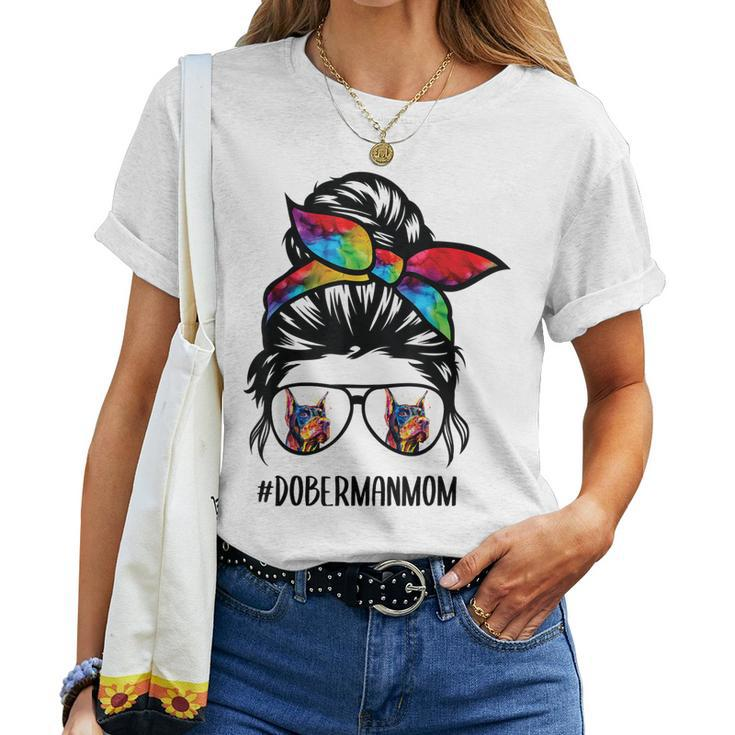 Doberman Dog Mom Messy Bun Hair Glasses Dobie Mom Messy Bun Women T-shirt