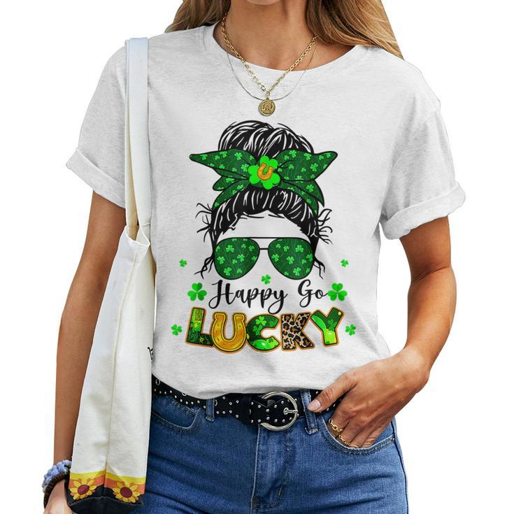 Happy Go Lucky Messy Bun Shamrock St Patricks Day Women Women T-shirt