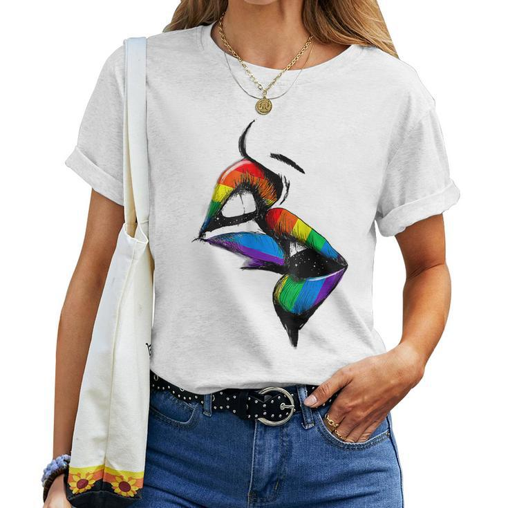 Lesbian Lips Kissing Rainbow Flag Gay Pride Lgbt Women T-shirt