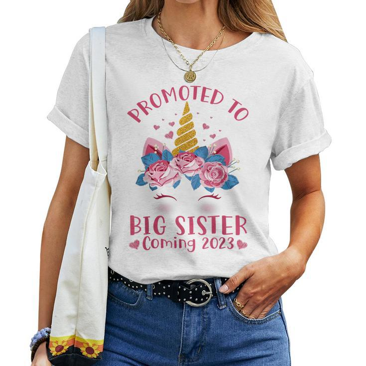 Promoted To Big Sister Coming 2023 Face Unicorn Baby Shower Women T-shirt